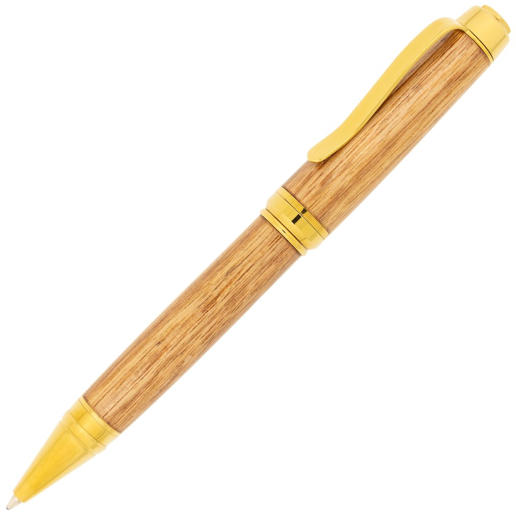 A bright gold wooden hand made pen made from warm coloured wood