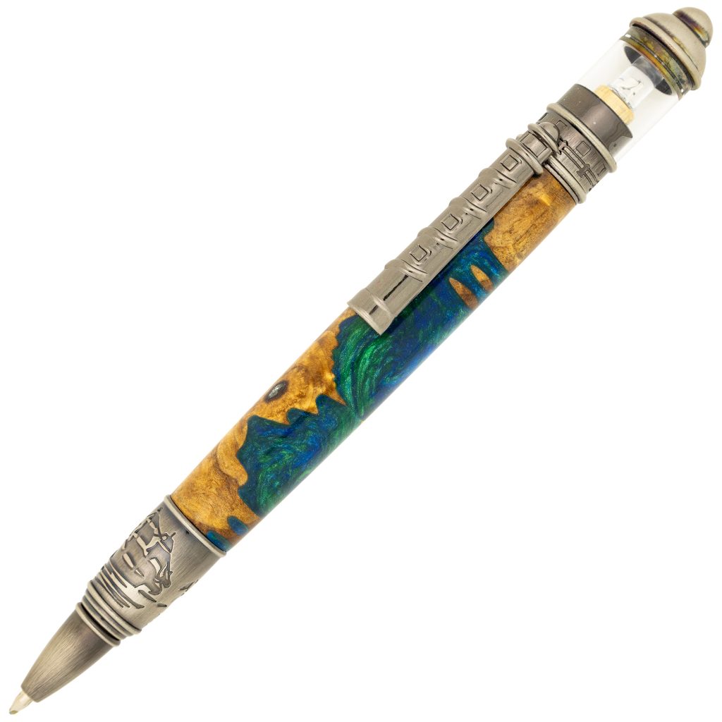 A blue and brown pen with hardware that looks like a light house. The top of the pen has a light that flashes.