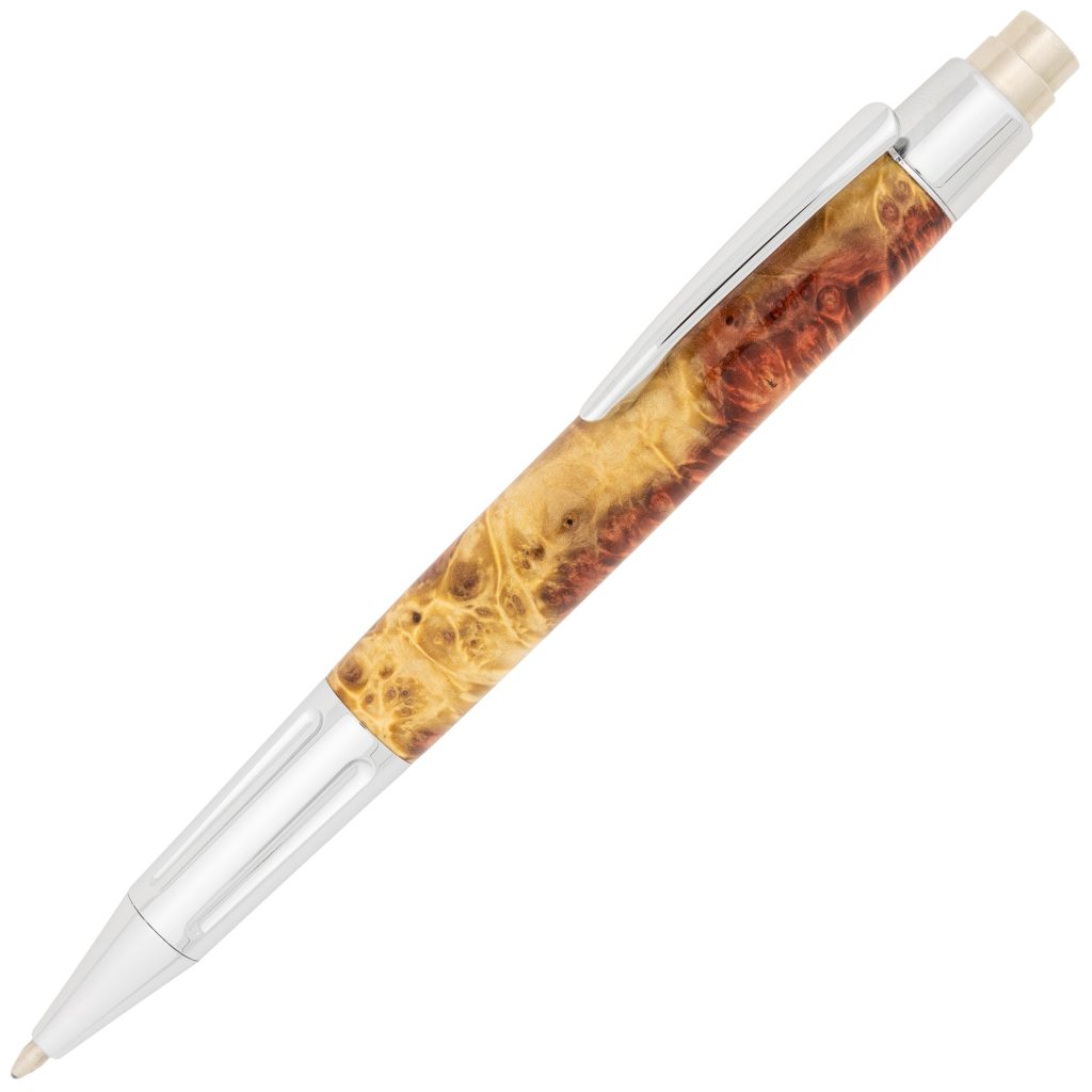 A wood turned pen with chrome plating and golden coloured burl