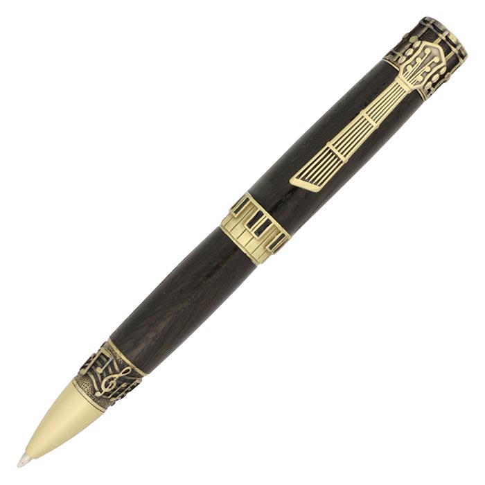 A dark coloured pen with musical notes on it and a guitar for a clip