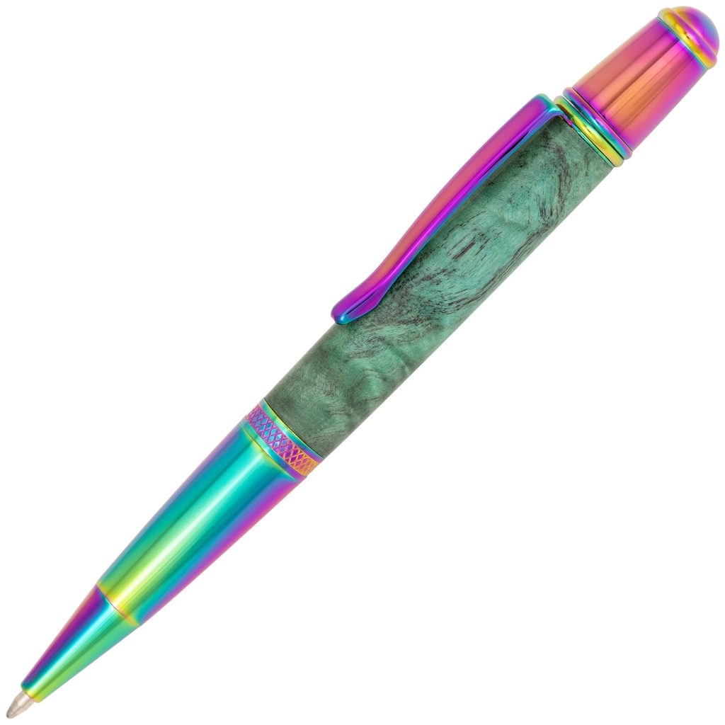 A wood turned pen in green stabilized wood with rainbow coloured plating