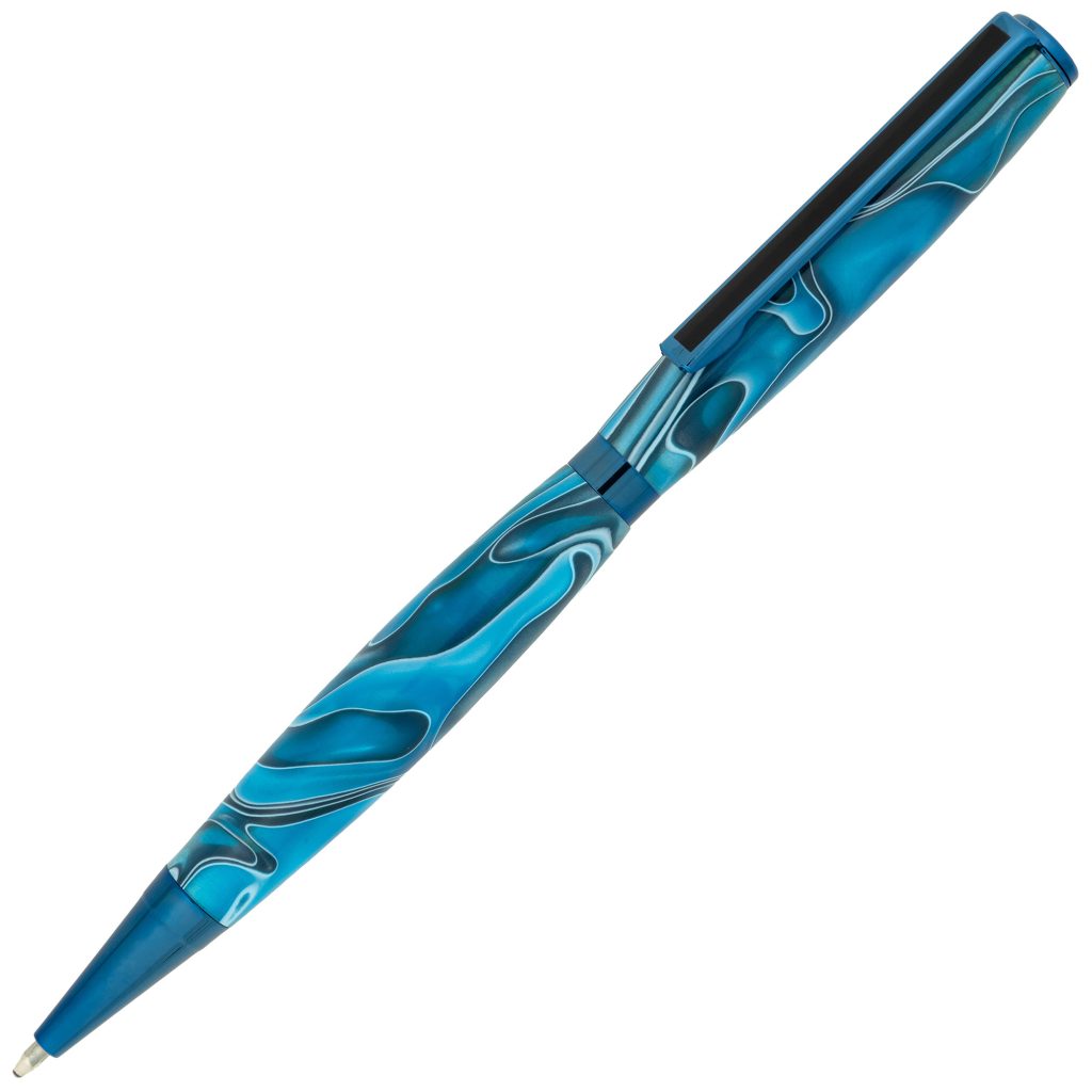 An acrylic handmade pen with blue swirls and blue plating