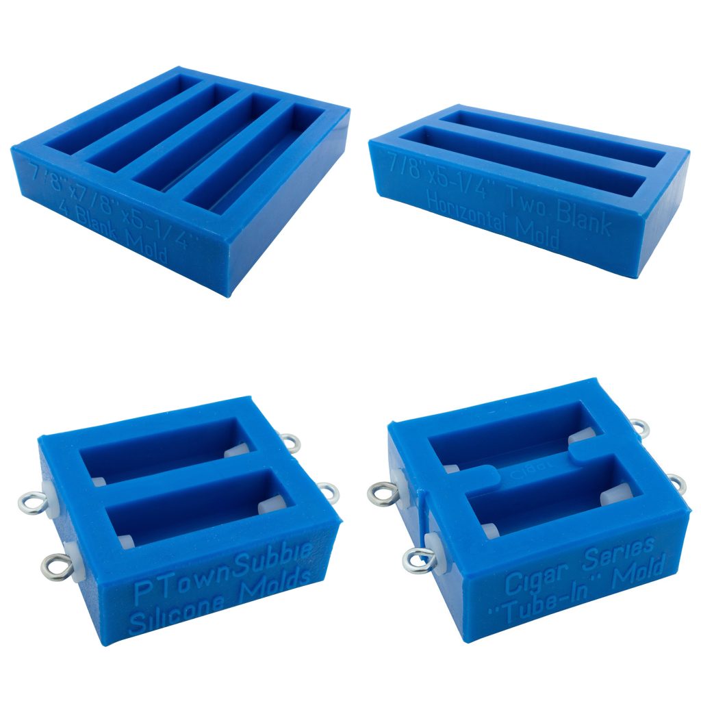 Four blue silicone molds in different rectangular shapes for casting resin pen blanks on a white background