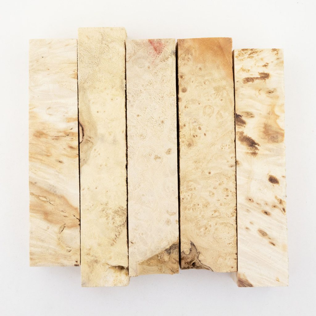 Five rectangular pieces of box elder burl pen blanks on a white background