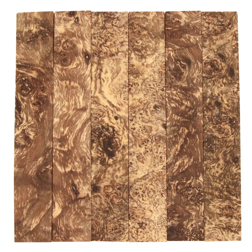 Mottle maple burl pen blanks for wood turning, which have brown swirls and patterns in the grain.