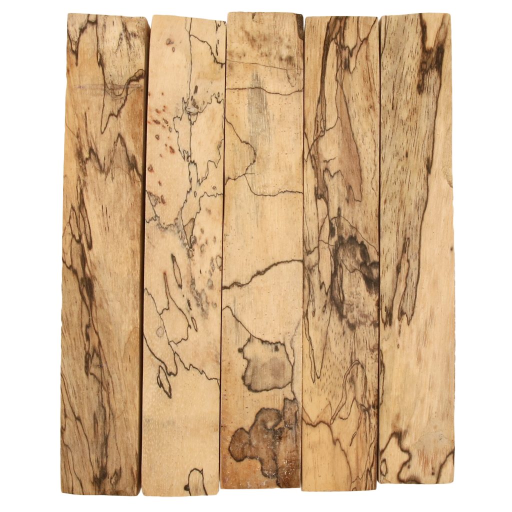 Five pen blanks cut from spalted tamarind wood which is pale orange in colour with dark brown squiggles throughout it.